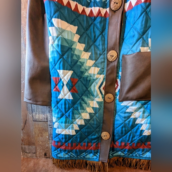 New Handcrafted By Donna Originals Aztec Blue Coat With Faux Suede Sleeves - Picture 6 of 15